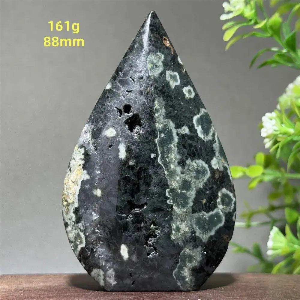Ocean Jasper Crystal Torch Freeform Orbicular Stone, 161g, 88mm. Dark green, cream, and white orbicular patterns with druzy pockets.