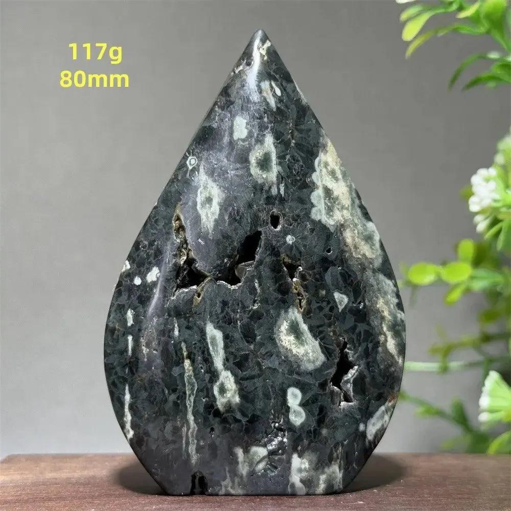 Ocean Jasper Crystal Torch Freeform Orbicular Stone, 117g, 80mm. Dark green with white orbicular patterns and druzy pockets.