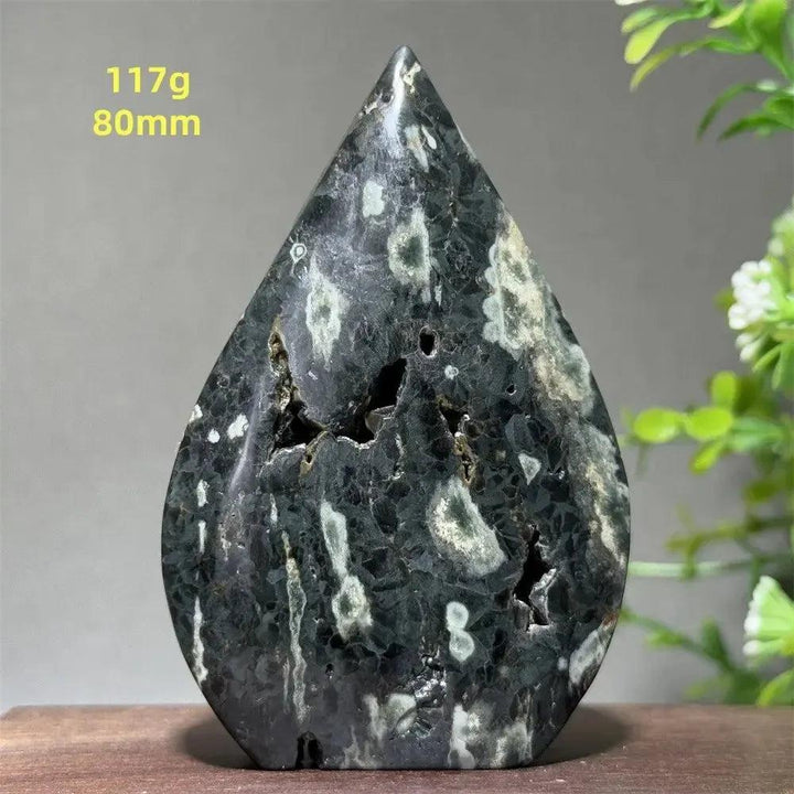 Ocean Jasper Crystal Torch Freeform Orbicular Stone, 117g, 80mm. Dark green with white orbicular patterns and druzy pockets.