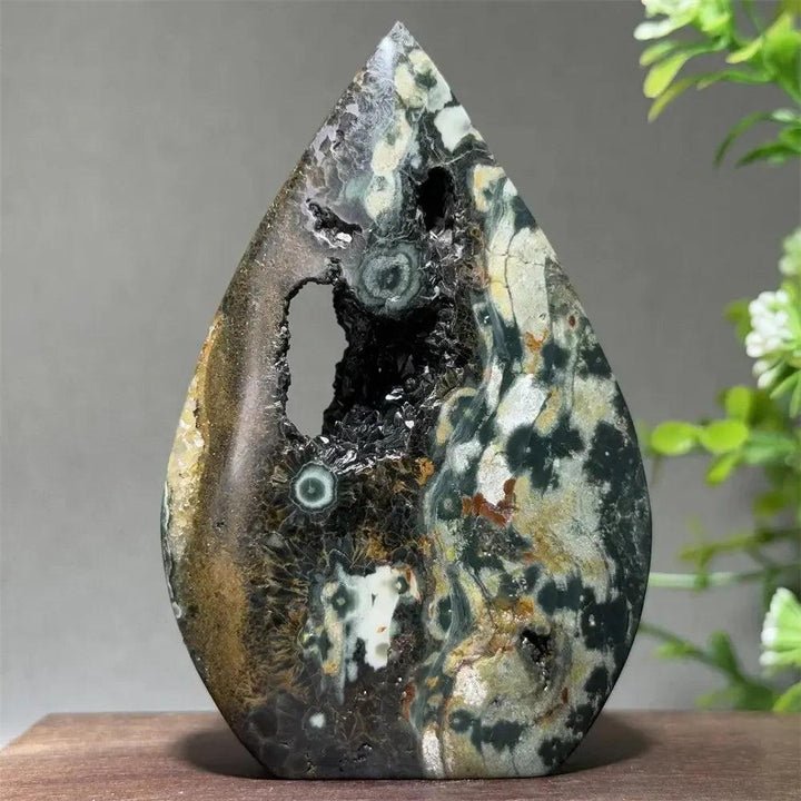 Ocean Jasper Crystal Torch Freeform, a unique orbicular stone with green, cream, rust, and brown swirls, plus sparkling druzy.