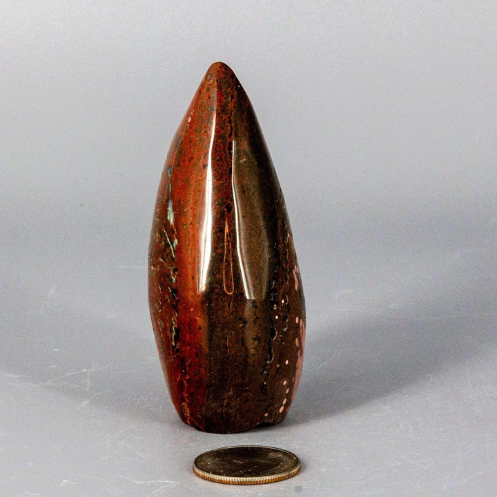 Elegant Ocean Jasper Torch Freeform, large (198g) with swirling golden reds & earthy browns, tapered design.