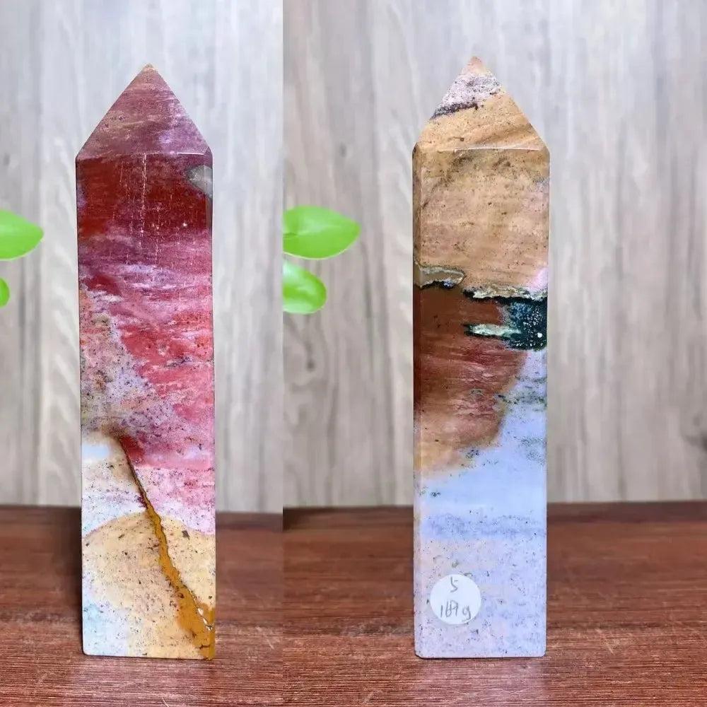 Ocean Jasper Crystal Destiny tower with swirling greens, pinks, creams, and earthy tones, promoting joy and healing.