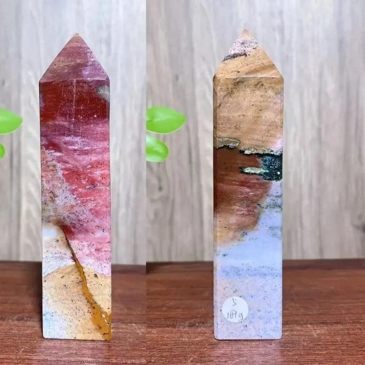 Ocean Jasper Crystal Destiny tower with swirling greens, pinks, creams, and earthy tones, promoting joy and healing.