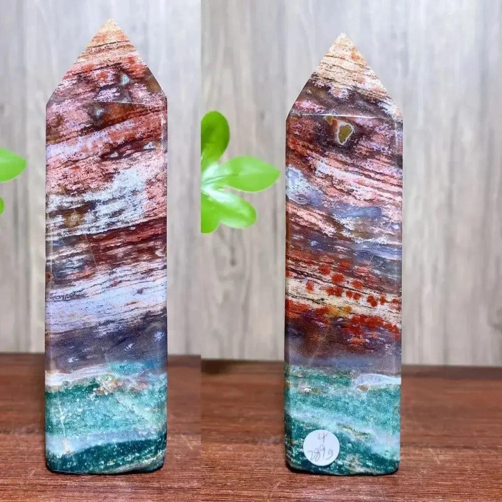 Ocean Jasper crystal tower from Crystal Destiny, featuring swirling greens, pinks, creams, and earthy tones.
