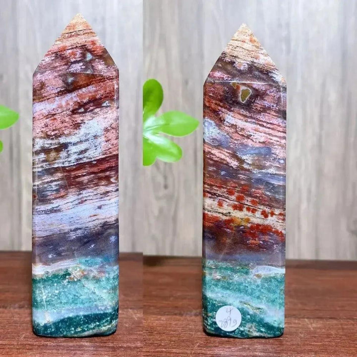 Ocean Jasper crystal tower from Crystal Destiny, featuring swirling greens, pinks, creams, and earthy tones.