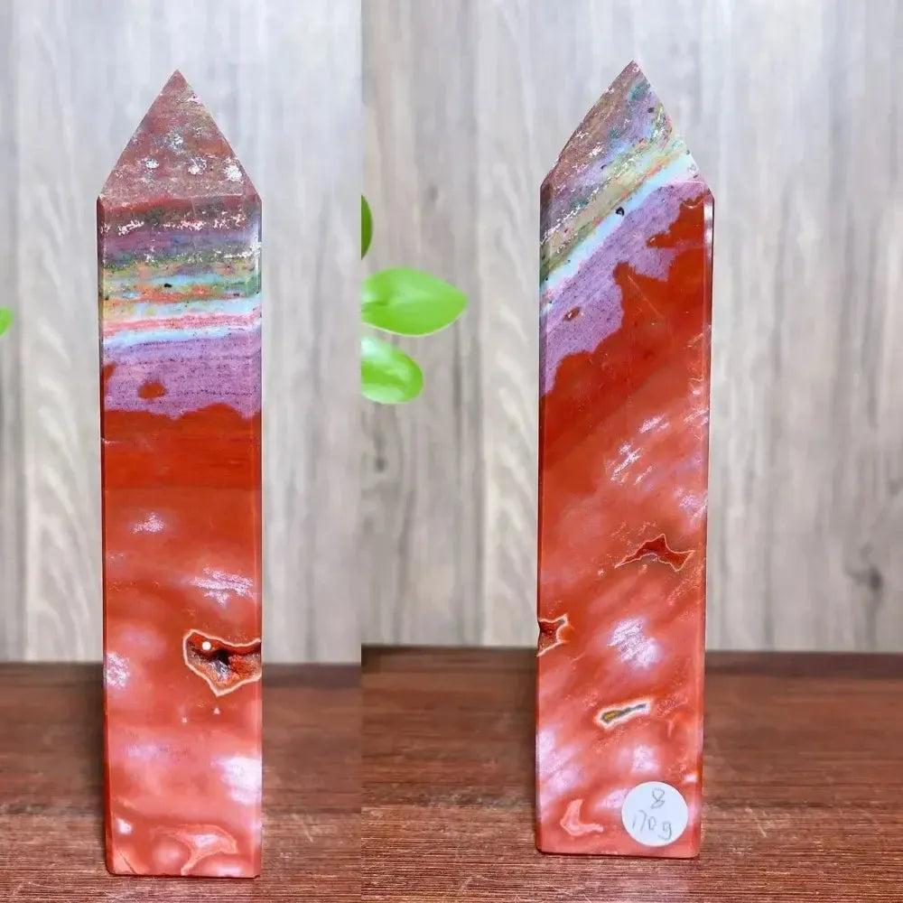 Vibrant red and purple Ocean Jasper crystal tower from Crystal Destiny, promoting joy and emotional healing.