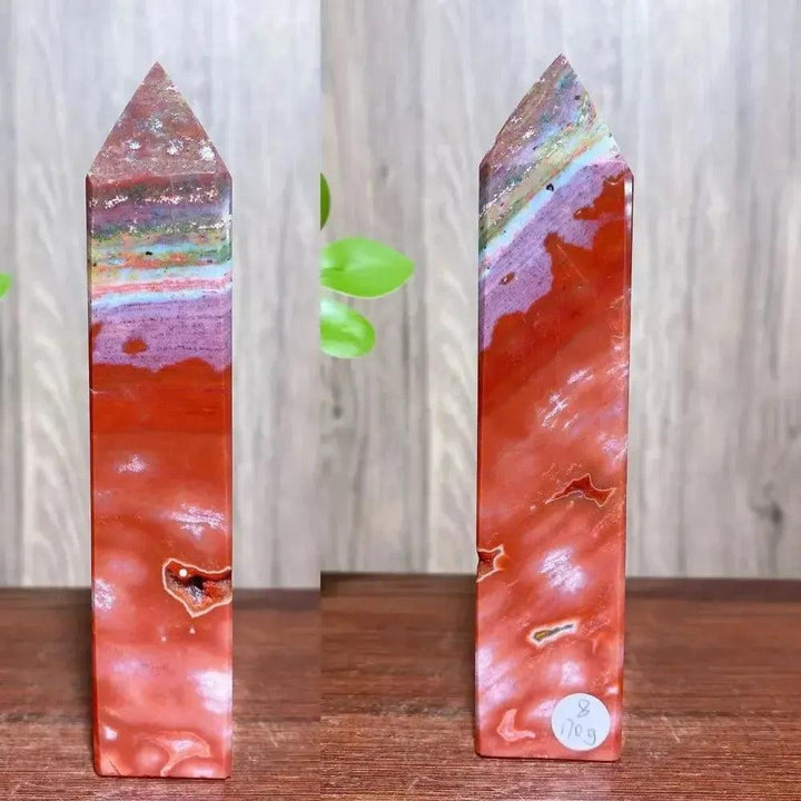 Vibrant red and purple Ocean Jasper crystal tower from Crystal Destiny, promoting joy and emotional healing.
