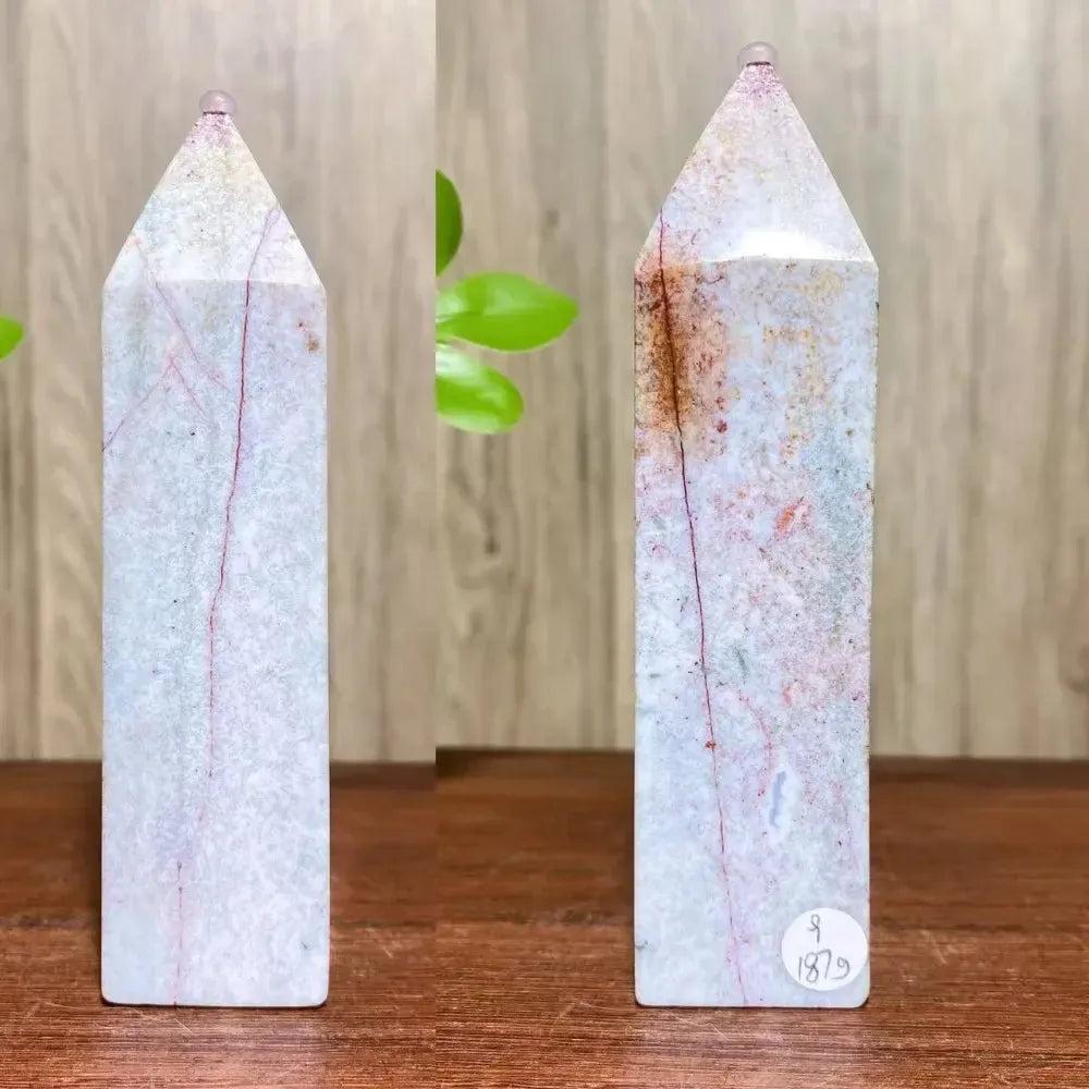 Ocean Jasper Crystal Destiny tower with swirling greens, pinks, creams, and earthy tones, promoting joy and healing.