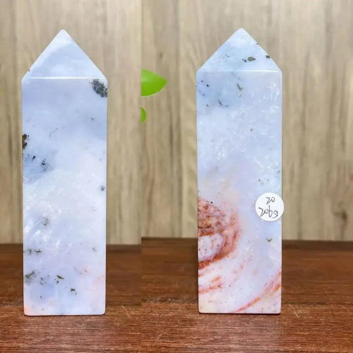 Ocean Jasper crystal tower from Crystal Destiny, featuring soft blues, whites, and earthy pink swirls.