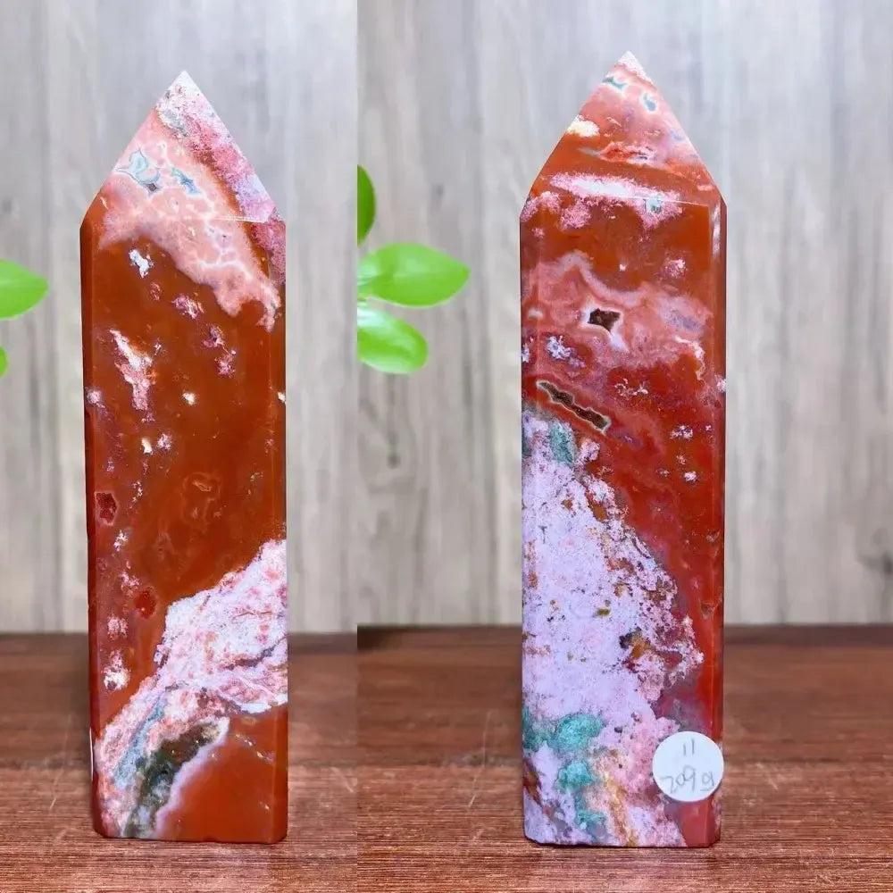 Red Ocean Jasper crystal tower with pink, cream, and green swirls from Crystal Destiny, promoting joy and healing.