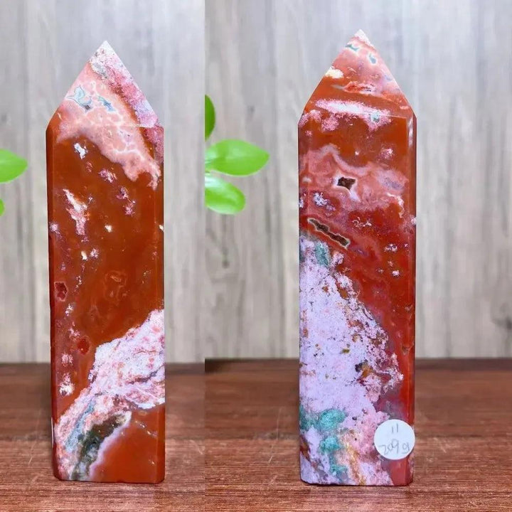 Red Ocean Jasper crystal tower with pink, cream, and green swirls from Crystal Destiny, promoting joy and healing.
