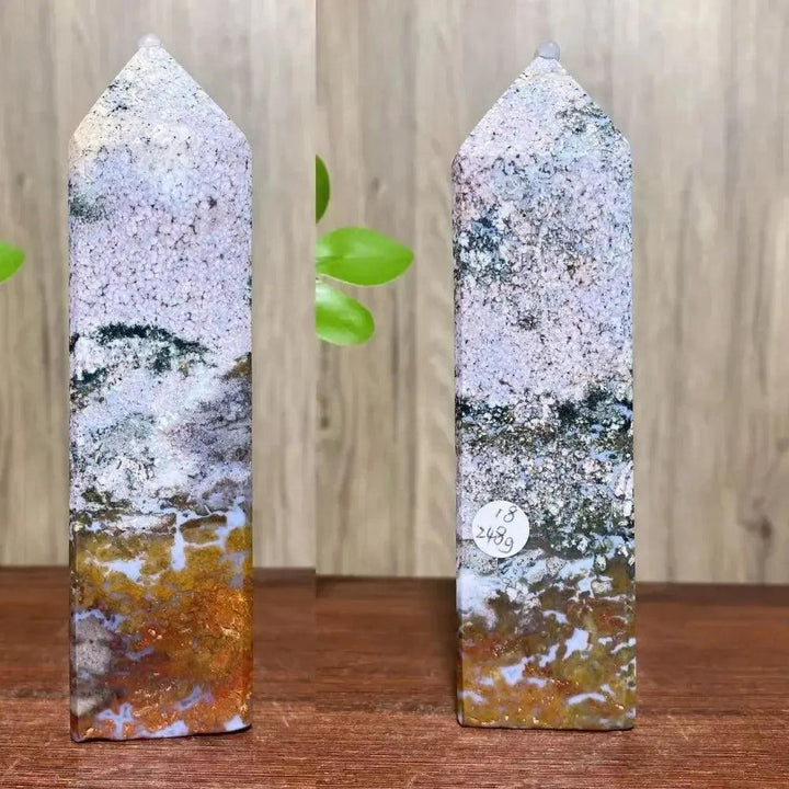 Ocean Jasper Crystal Destiny tower with swirling greens, pinks, creams, and earthy tones, promoting joy and healing.