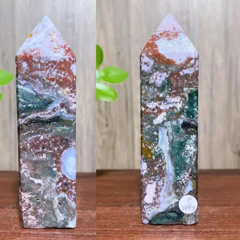 Ocean Jasper Crystal Destiny tower with swirling greens, pinks, creams, and earthy tones, promoting joy and healing.