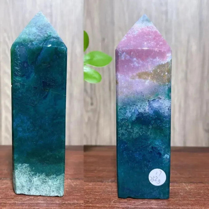 Ocean Jasper crystal tower from Crystal Destiny, displaying vibrant greens, pinks, and creams, promoting joy and healing.