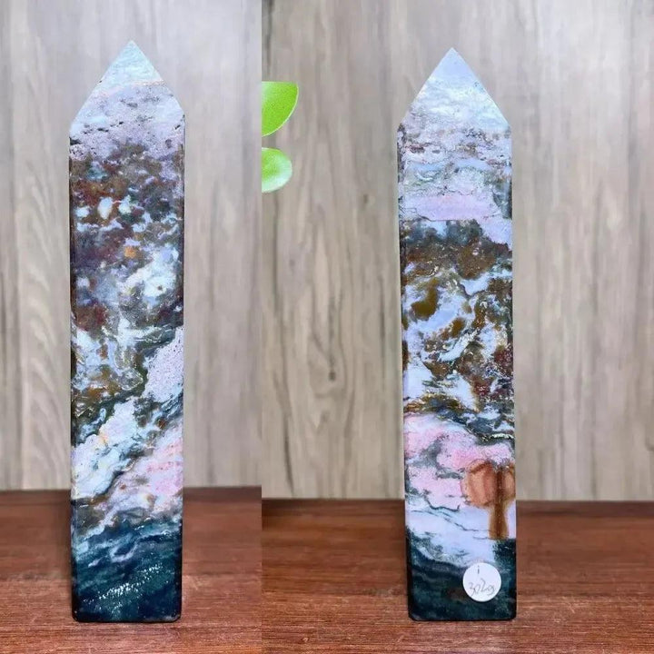 Ocean Jasper Crystal Destiny tower with swirling greens, pinks, creams, and earthy tones, promoting joy and healing.