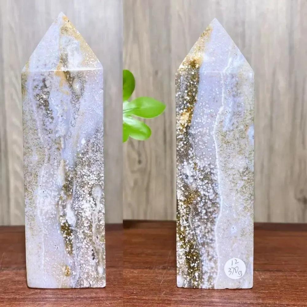 Ocean Jasper crystal tower from Crystal Destiny, featuring swirling greens, creams, and earthy tones.