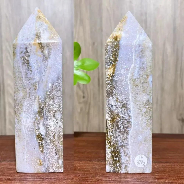 Ocean Jasper crystal tower from Crystal Destiny, featuring swirling greens, creams, and earthy tones.