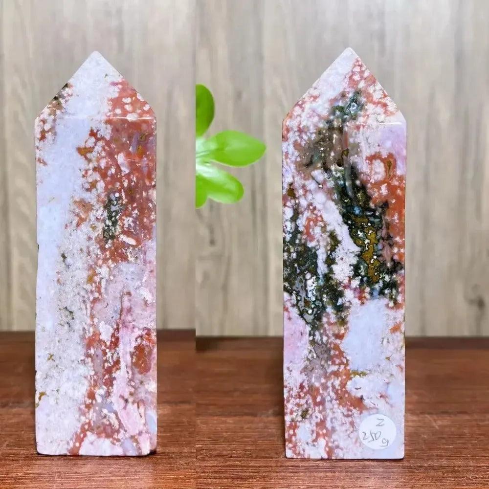 Ocean Jasper Crystal Destiny tower with swirling greens, pinks, creams, and earthy tones, promoting joy and healing.