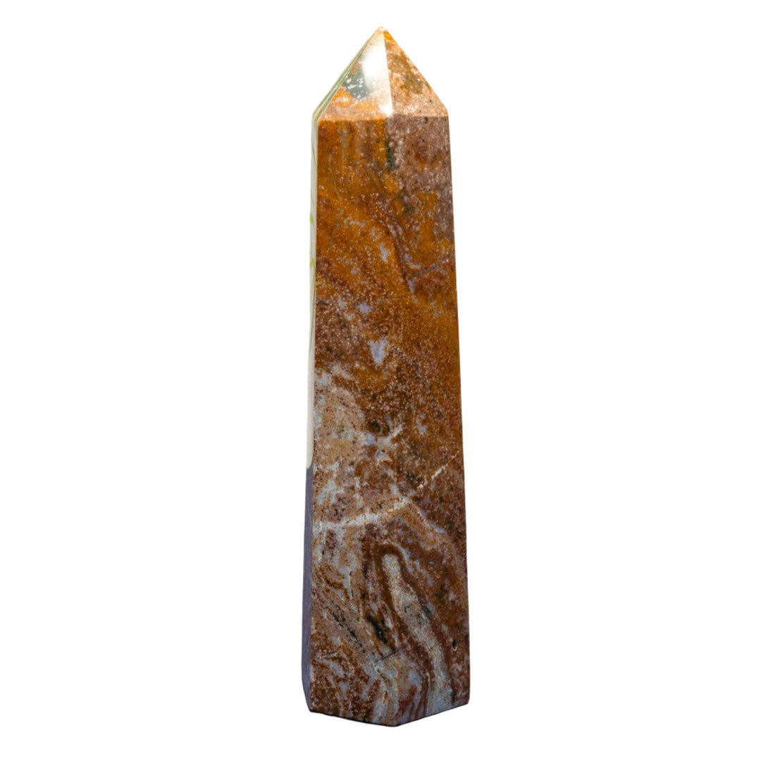 Tall Ocean Jasper Tower: commanding specimen with orbicular patterns in green, cream, salmon, yellow, and brown.