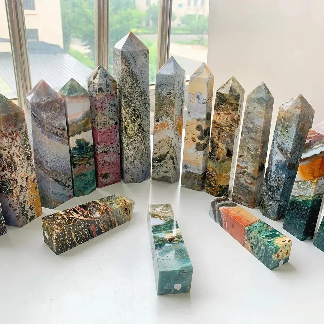 Ocean Jasper Crystal Towers & Wands: Nurturing, joyful energy in unique sage, coral, pink, and brown patterns.