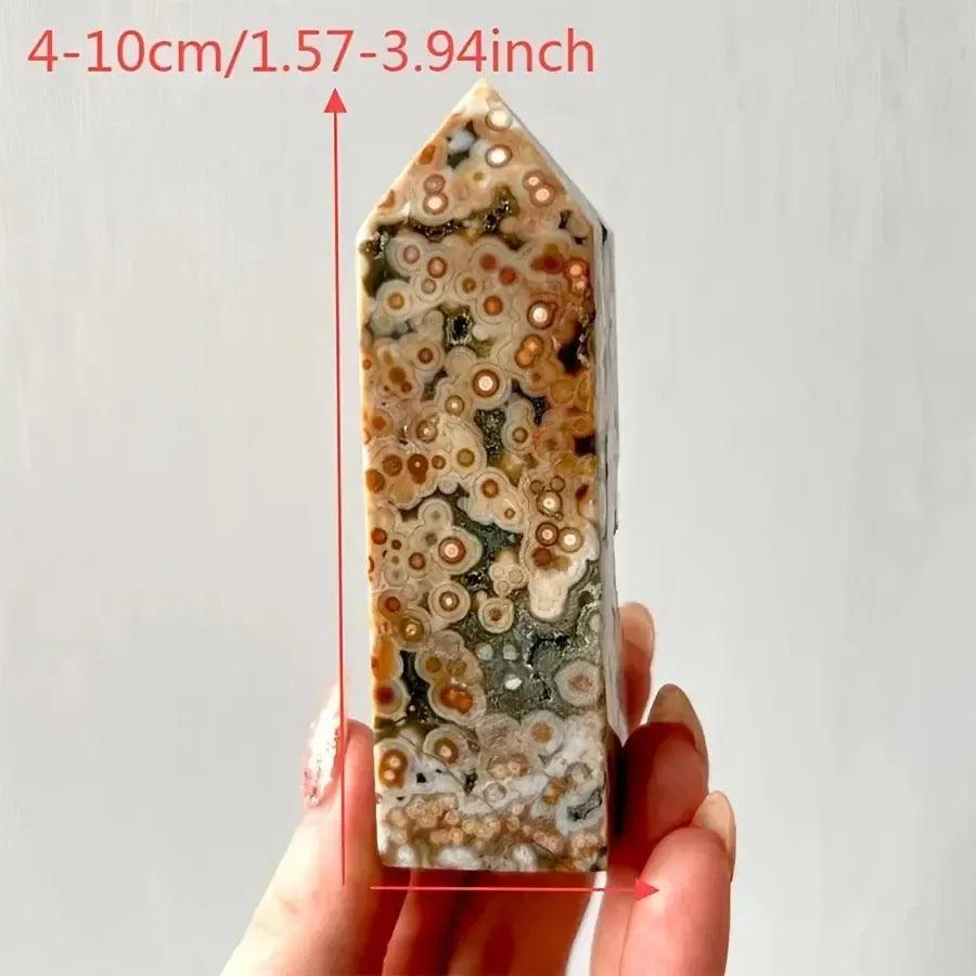 Ocean Jasper Crystal Tower 90-100mm, showcasing unique orbicular patterns in sage green, white, coral, and brown.