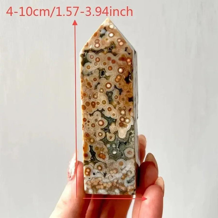 Ocean Jasper Crystal Tower 90-100mm, showcasing unique orbicular patterns in sage green, white, coral, and brown.