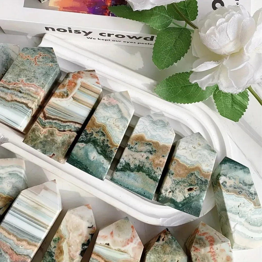 Ocean Jasper Crystal Tower 90-100mm with unique green, white, coral, and brown orbicular patterns.