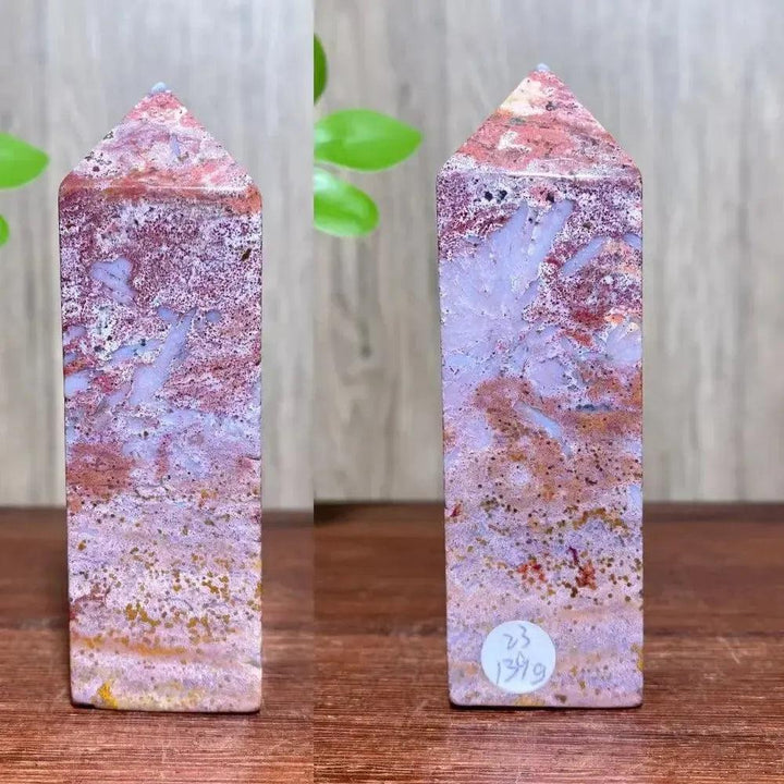 Ocean Jasper Crystal Tower with unique orbicular patterns in sage green, coral, rose, and earthy brown.