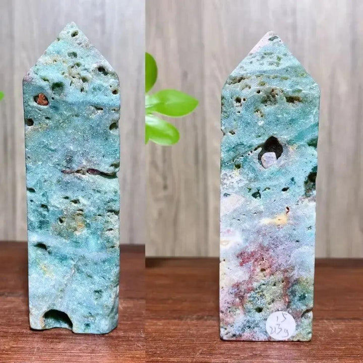 Ocean Jasper Crystal Tower with sage green, creamy white, coral, and rose hues, offering joyful, nurturing energy.