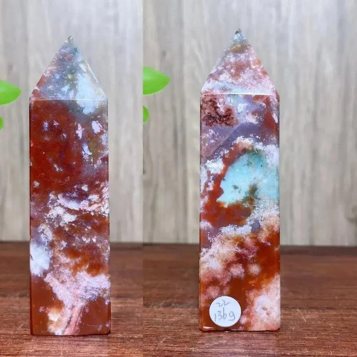 Ocean Jasper Crystal Tower: Sage green, coral, and earthy brown orbicular patterns for grounded optimism.