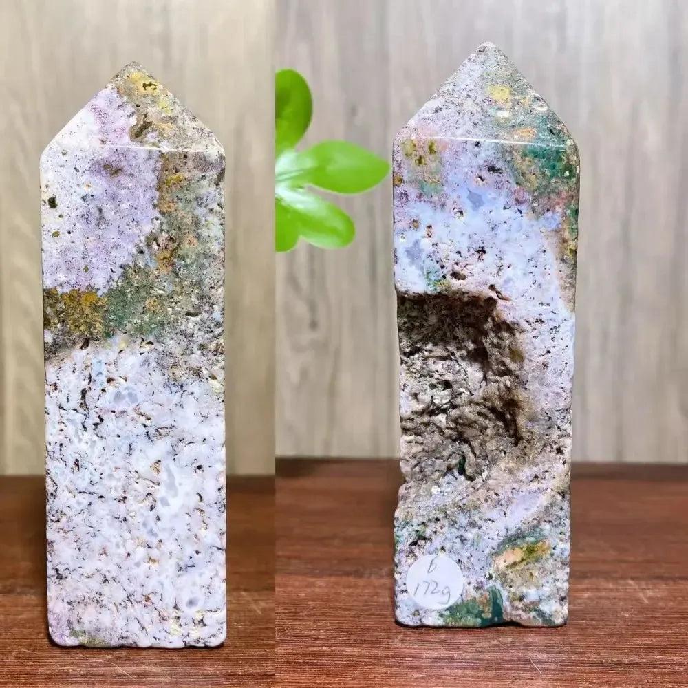 Ocean Jasper Crystal Tower with sage green, creamy white, coral, and rose hues, radiating joyful, nurturing energy.