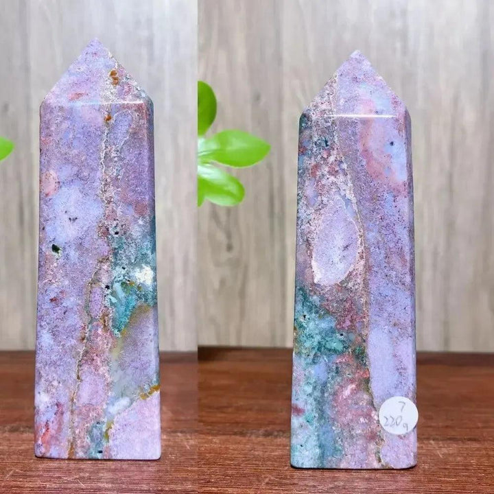 Ocean Jasper Crystal Tower with flowing swirls of sage green, creamy white, coral, rose, and earthy brown.