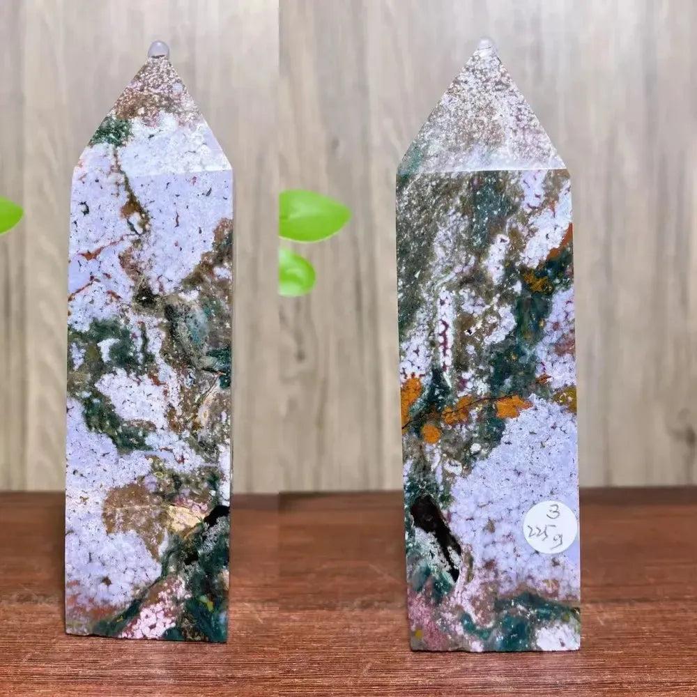 Ocean Jasper Crystal Tower with sage green, creamy white, coral, and rose orbicular patterns for grounded optimism.