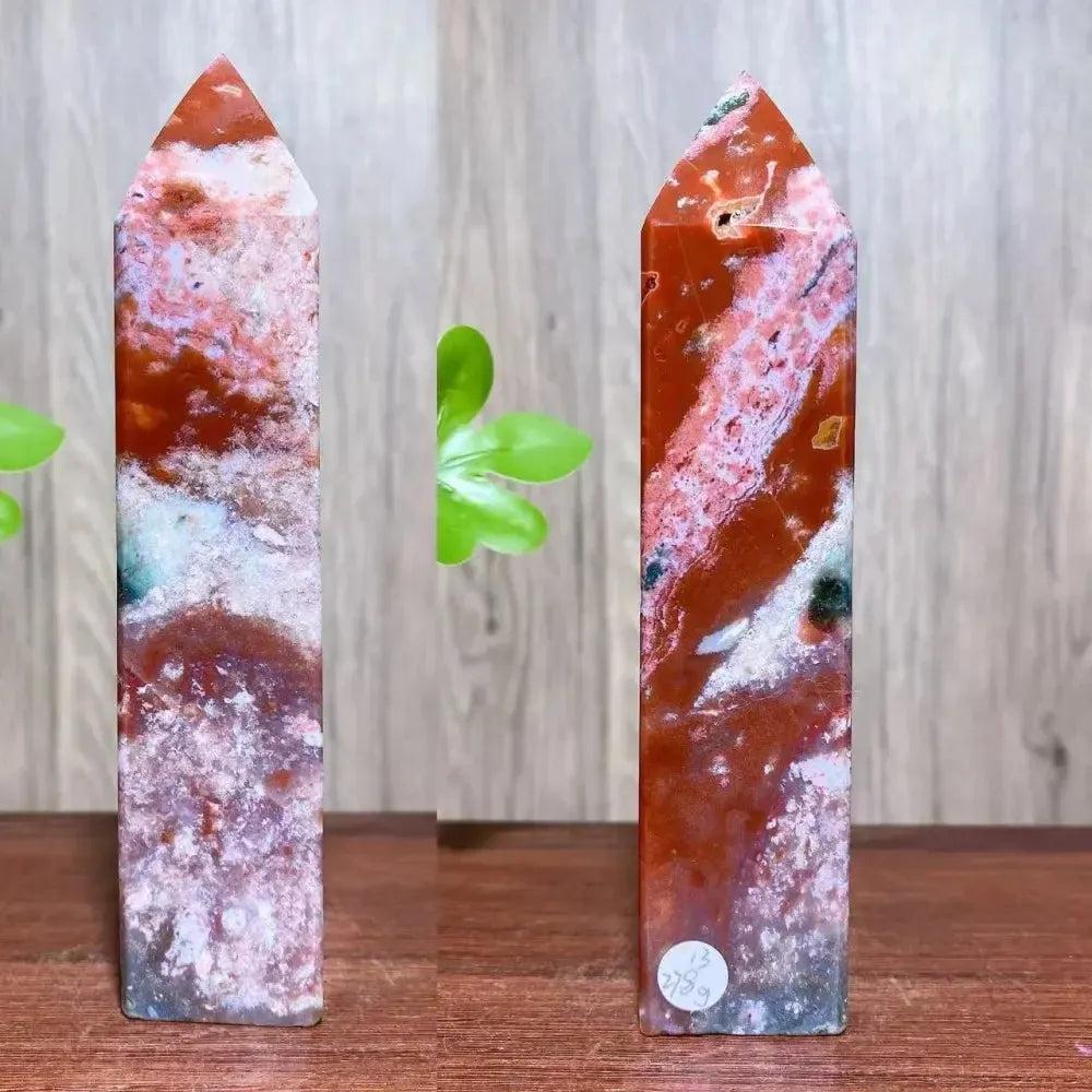 Ocean Jasper Crystal Tower with warm coral, dusty rose, and earthy brown orbicular patterns, radiating joyful energy.