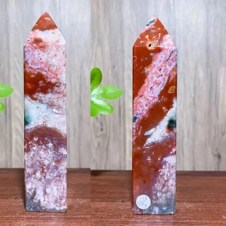 Ocean Jasper Crystal Tower with warm coral, dusty rose, and earthy brown orbicular patterns, radiating joyful energy.