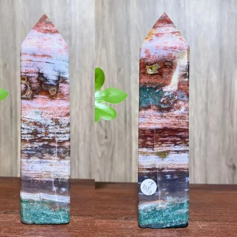 Ocean Jasper Crystal Tower with sage green, coral, rose, and brown orbicular patterns, radiating joyful, nurturing energy.