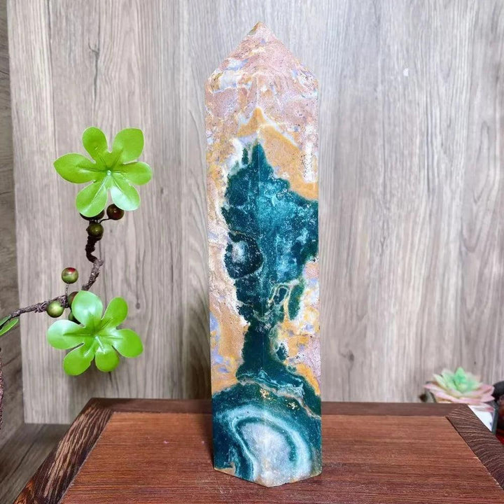 Vivid multicolor Ocean Jasper Crystal XXL Tower, 240MM tall, with swirling green, cream, rust, and pink orbs.