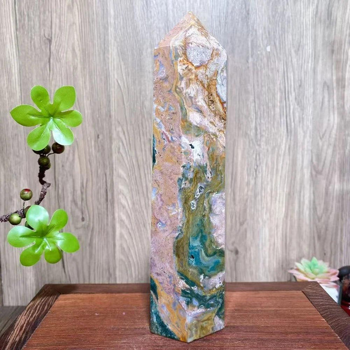 Vivid multicolor Ocean Jasper Crystal XXL Tower, 240MM tall, with swirling orbs for healing and peace.