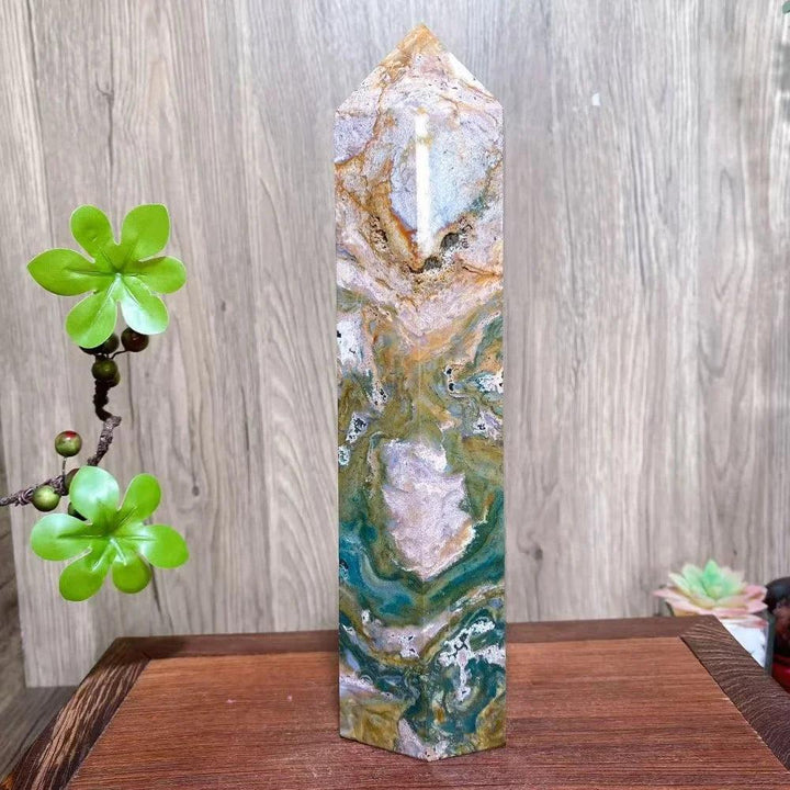 Vivid multicolor Ocean Jasper Crystal XXL Tower, 240MM tall, with swirling patterns for healing and peace.
