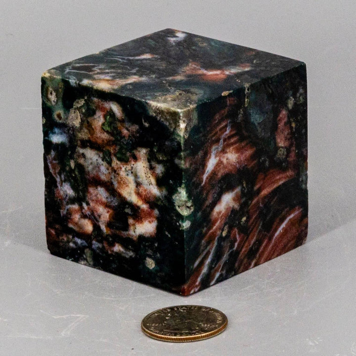 Ocean Jasper Cube with Cut Corner: Swirling greens, creams, and earthy tones, 2.25" unique crystal.