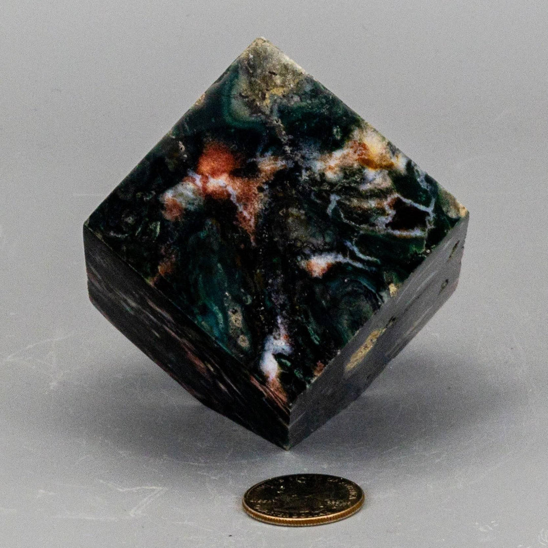 Ocean Jasper Cube with Cut Corner, 2.25" with swirling greens, creams, and earthy tones for Heart and Solar Plexus Chakra healing.
