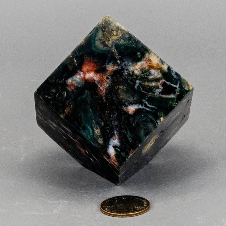 Ocean Jasper Cube with Cut Corner, 2.25" with swirling greens, creams, and earthy tones for Heart and Solar Plexus Chakra healing.