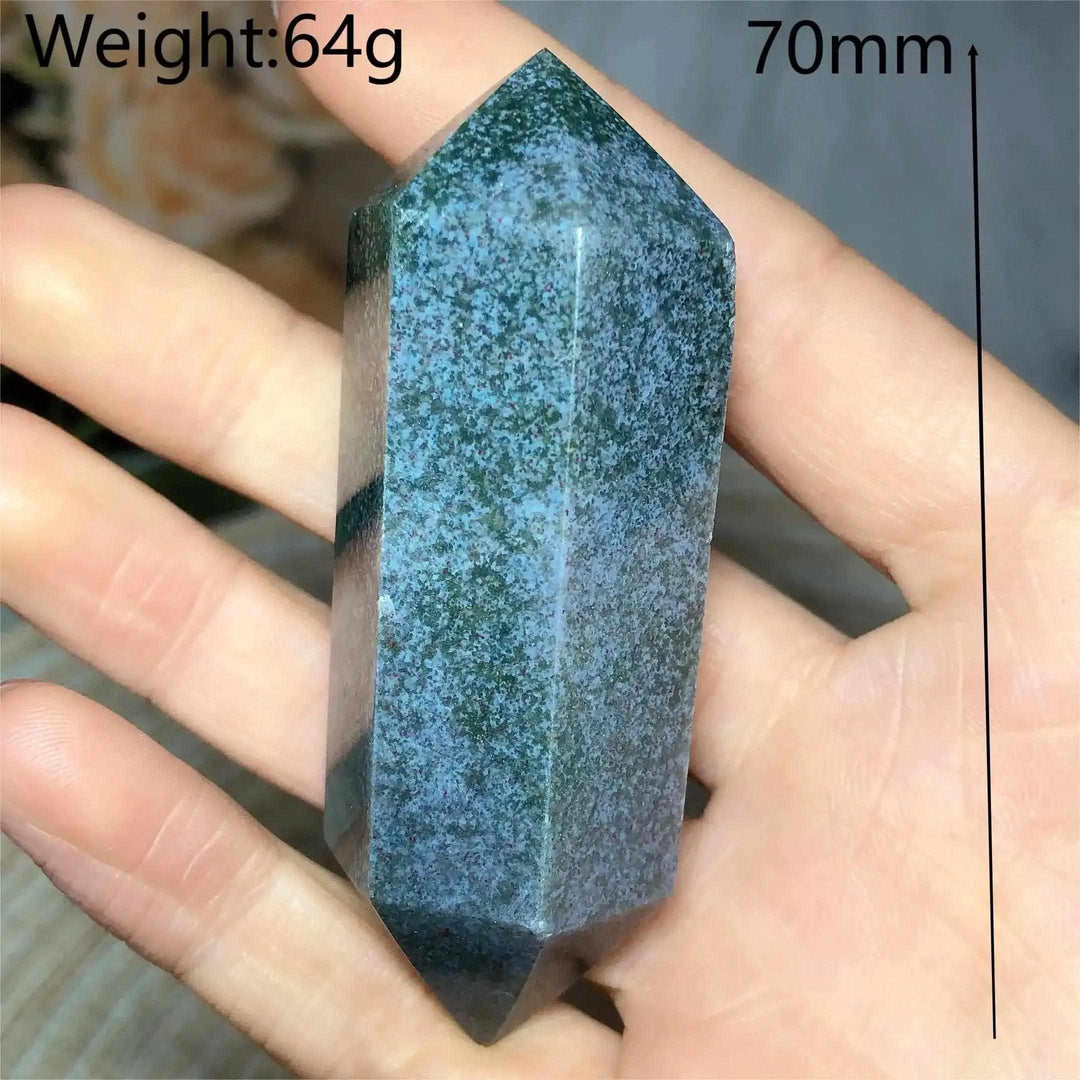 Polished 70mm Ocean Jasper double point tower featuring green and cream orb patterns for Heart Chakra healing.