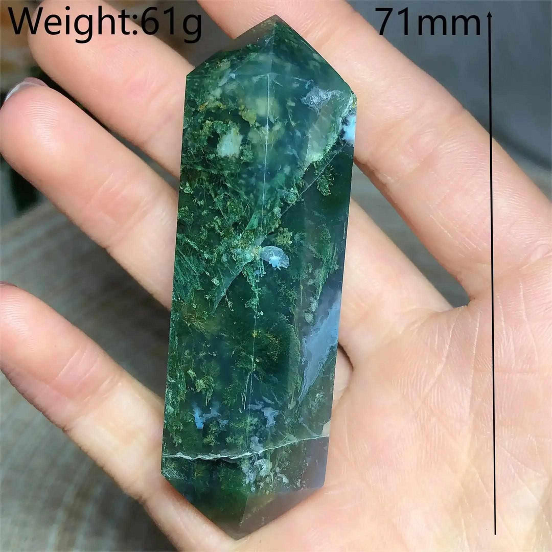 Polished 71mm Ocean Jasper double point tower featuring vibrant green mossy patterns for heart and throat chakra healing.