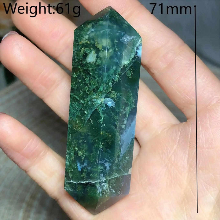 Polished 71mm Ocean Jasper double point tower featuring vibrant green mossy patterns for heart and throat chakra healing.