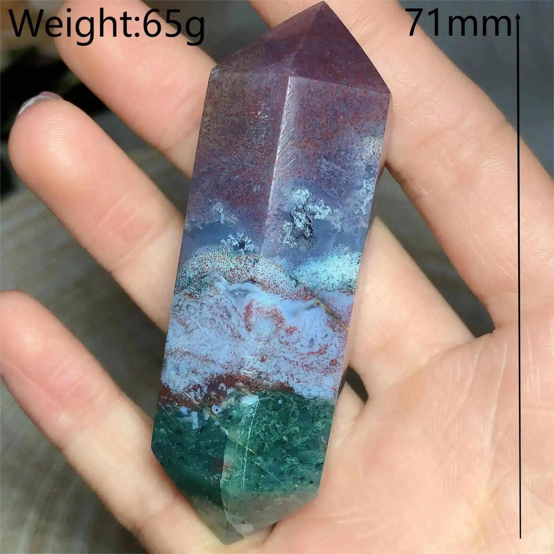 Polished 71mm Ocean Jasper double point tower featuring vibrant green, cream, and pink orb patterns for chakra healing.