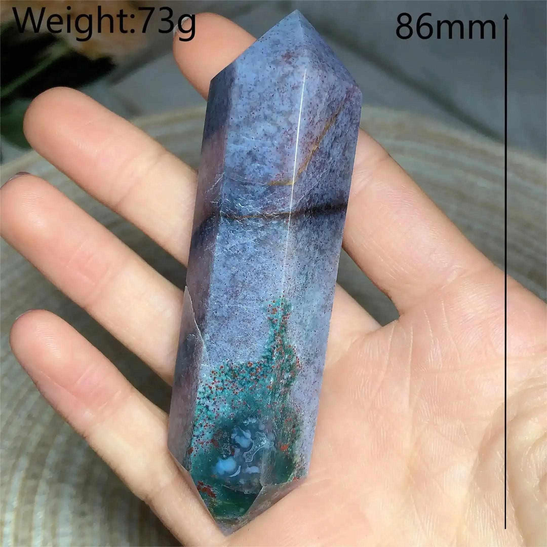 Polished 86mm Ocean Jasper double point tower featuring unique green and cream orb patterns for heart chakra healing.