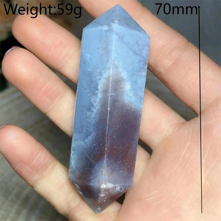 Polished 70mm Ocean Jasper double point tower with calming blue and earthy tones for heart and throat chakra healing.
