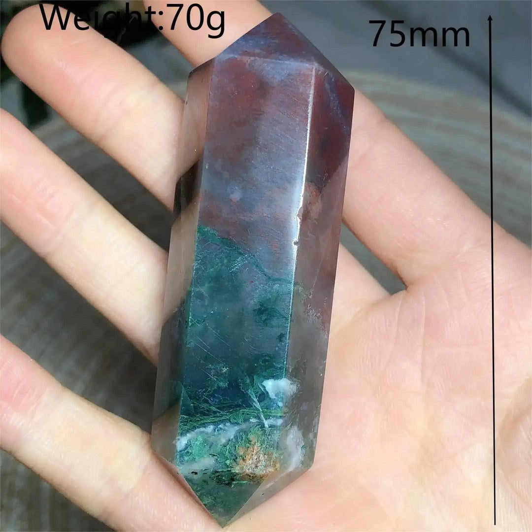 Polished 75mm Ocean Jasper double point tower featuring green, cream, and pink orb patterns for heart chakra healing.