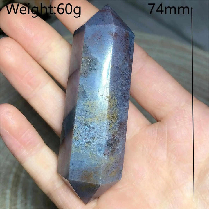 Polished 74mm Ocean Jasper double point tower with calming blue, cream, and pink orb patterns for heart chakra healing.